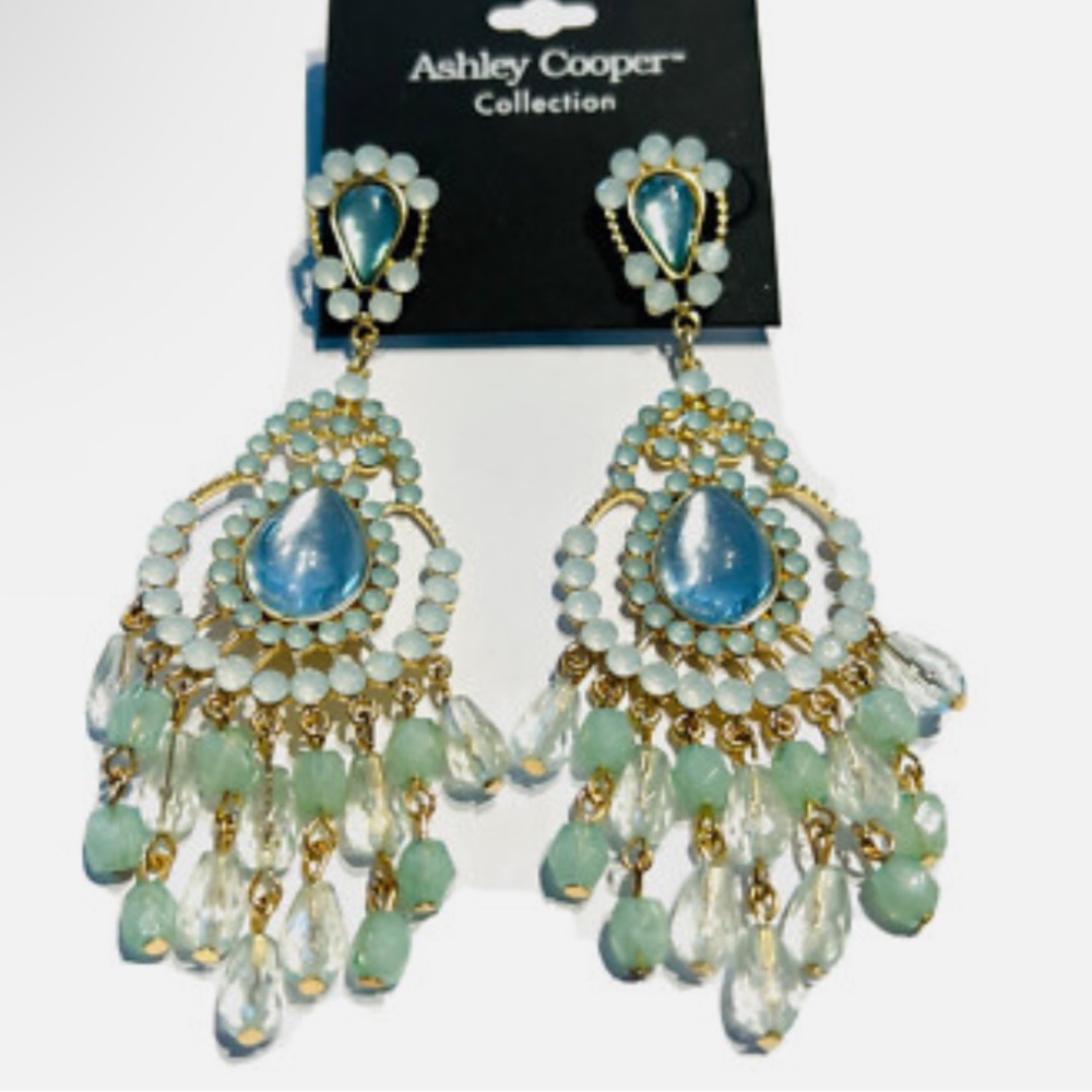 Ashley Cooper Gold-Tone Aqua Blue and Light Green Teardrop Chandelier Earrings